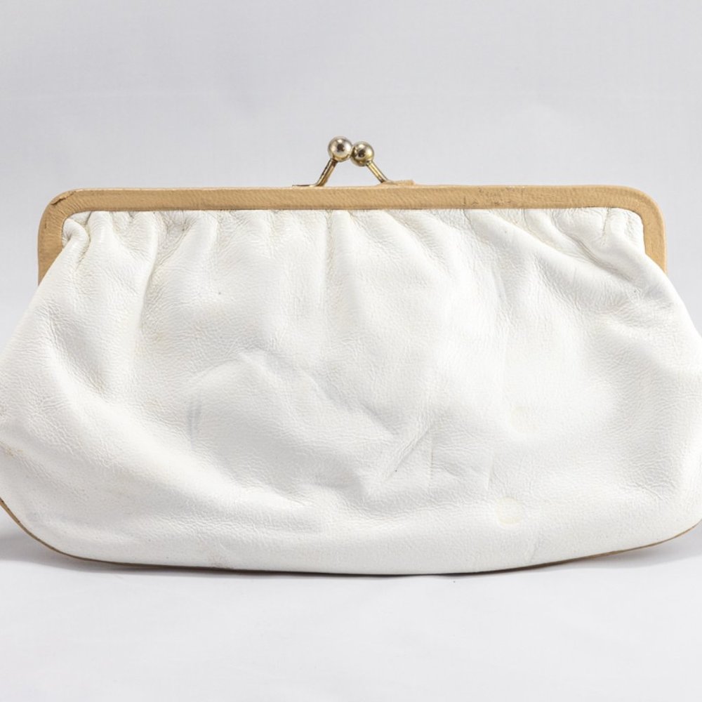 Vintage Italian Leather Clutch Purse White Tan Kiss Lock Double Frame Made Italy